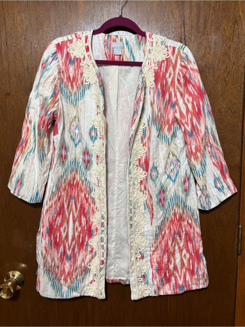 Chico's Size 1 (8/10) Cream, Coral & Teal Patterned Open Front Jacket